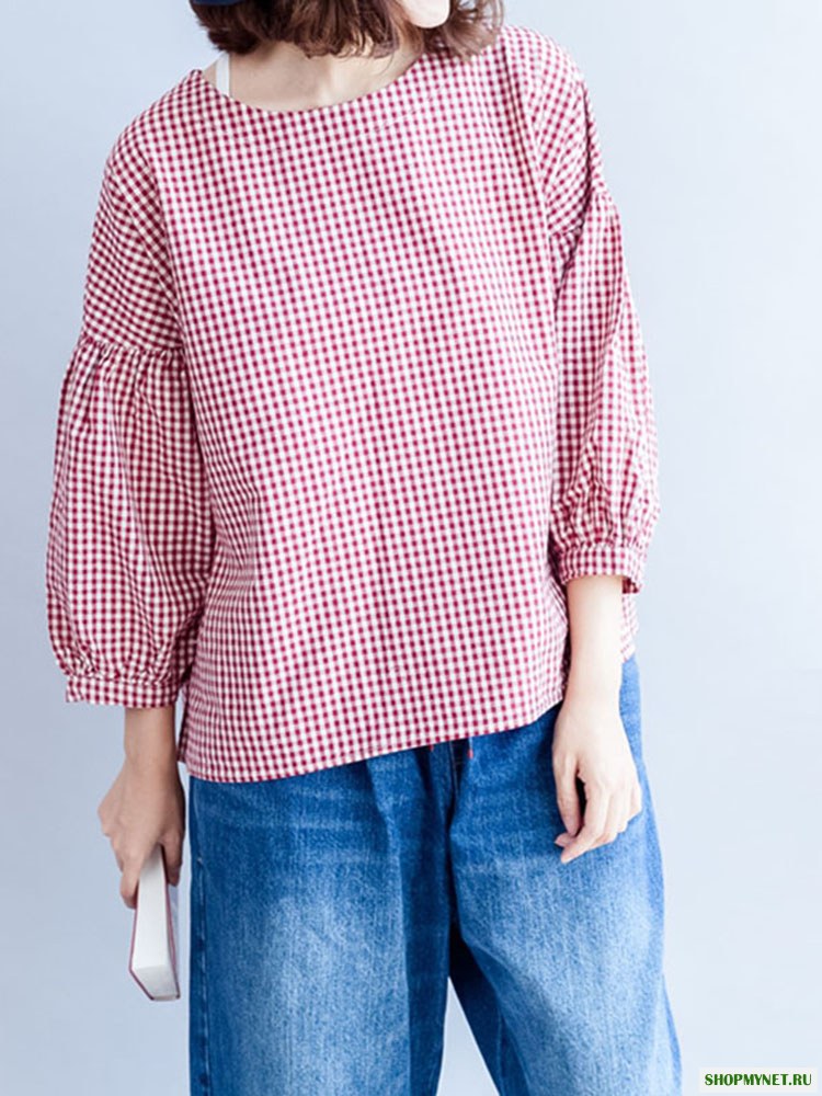 M-5XL Casual Женское Черная и Белая блузка Плед