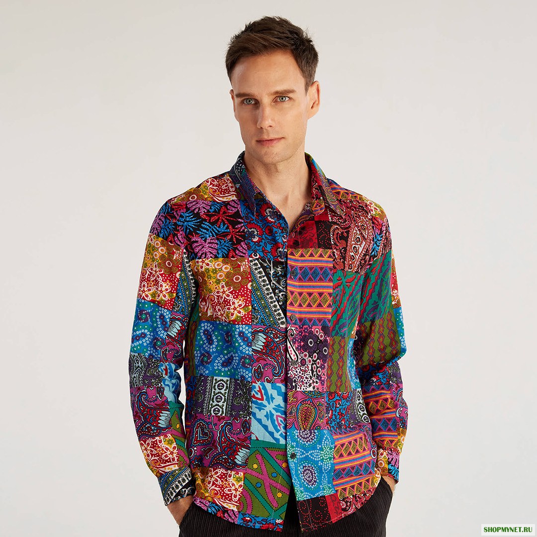 Мужская этническая осень Colorful Печать с длинным рукавом рубашки